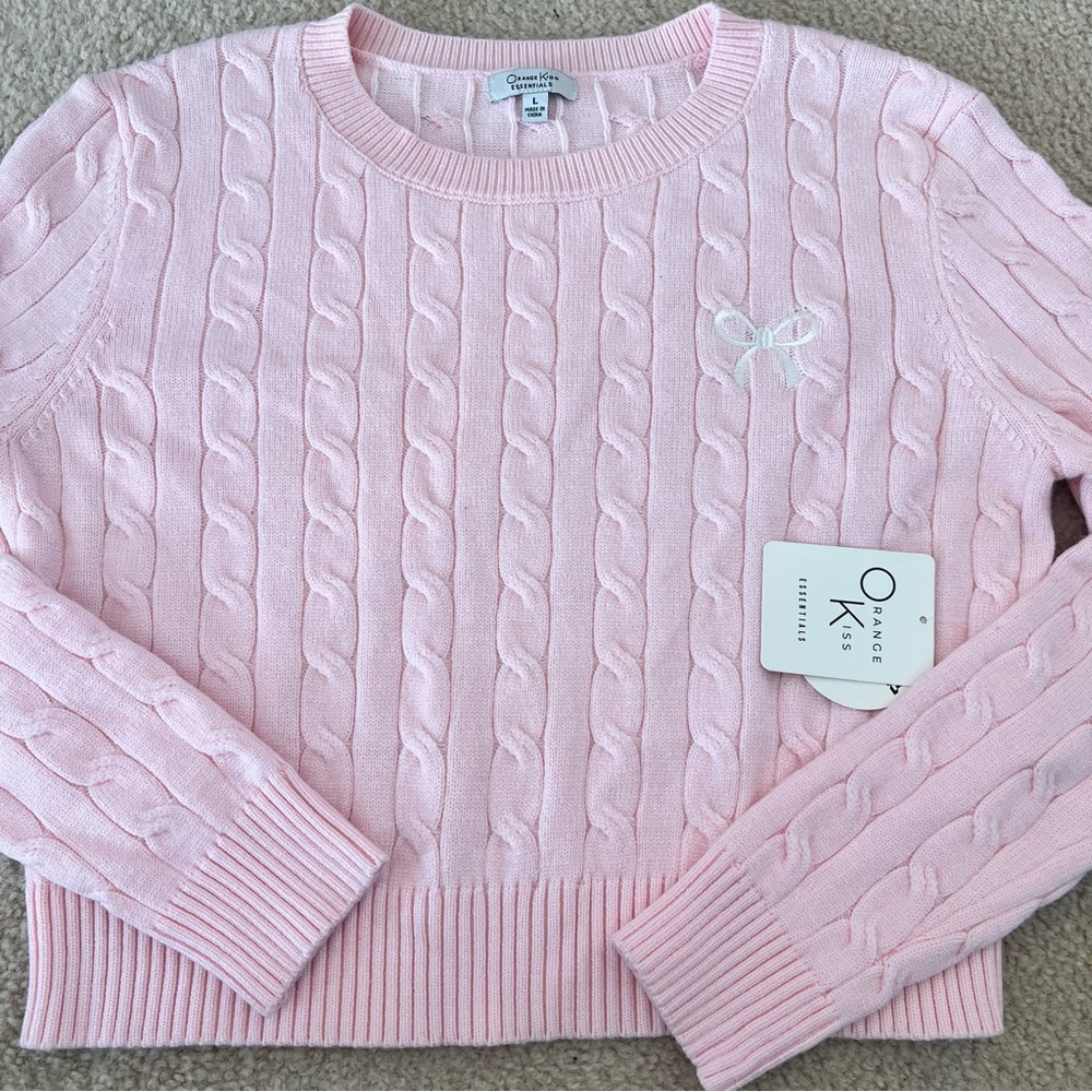 NWT Orange Kiss Essentials Baby Pink Cable Knit Sweater • Size Large. Cottage